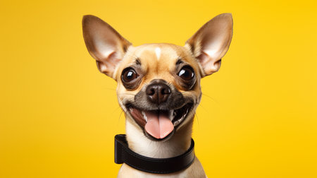 Funny chihuahua dog on yellow background. studio shotの素材