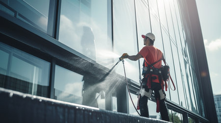 Worker washes the glass facade of the building with a high pressure washer.の素材
