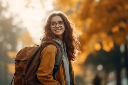 Portrait of a young woman with a backpack in the autumn park.の素材