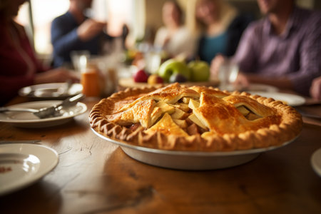 Apple pie on a wooden table in a restaurant with people in the backgroundの素材