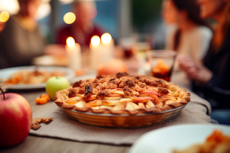 Close-up of apple pie on the table with family on backgroundの素材