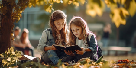 Two little girls reading a book in the autumn park. Autumn season.の素材