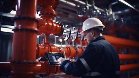 Engineer using tablet computer in oil and gas factory. industrial backgroundの素材