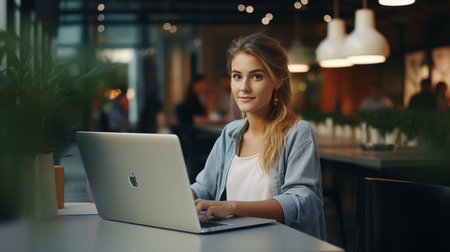 Portrait of young businesswoman working on laptop while sitting in cafeの素材