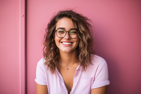 Portrait of a smiling young woman in eyeglasses on pink backgroundの素材