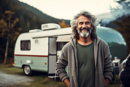 Handsome middle-aged man with gray hair and beard standing in front of camper van.の素材