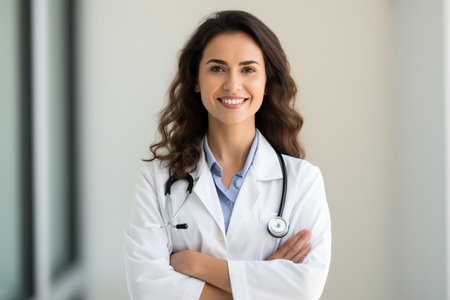 Portrait of beautiful young woman doctor with stethoscope in officeの素材