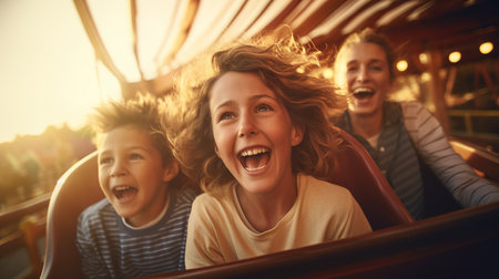 Portrait of happy family having fun in amusement park on sunny dayの素材