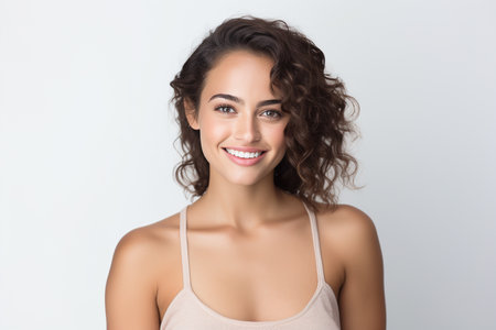 Portrait of beautiful young woman with curly hair, isolated on white backgroundの素材