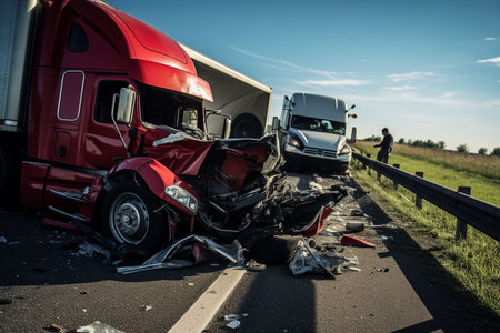Traffic accident on the road with cars and trucks in the backgroundの素材