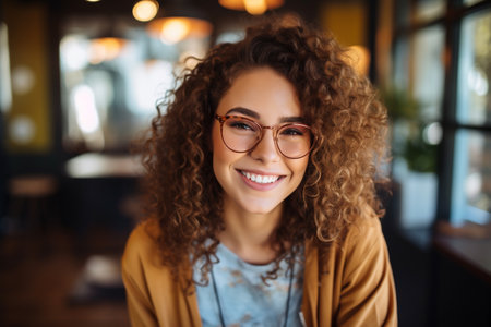 Portrait of beautiful young woman with curly hair wearing eyeglasses in cafeの素材