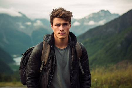Handsome young man with backpack hiking in the mountains. Hiking concept.の素材