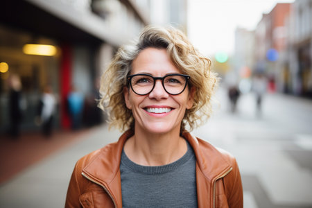 Portrait of smiling mature woman with eyeglasses in the cityの素材