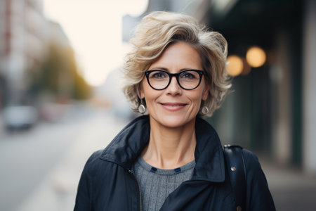 Portrait of a beautiful middle-aged woman with short wavy hair and glasses on the streetの素材