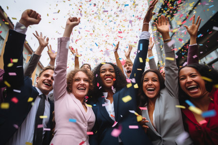 Business people celebrating success with confetti. Group of business people celebrating success together.の素材