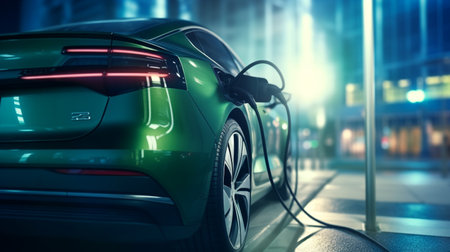 EV charging station for electric car in city at night. 3d renderingの素材