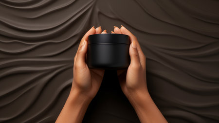 Female hands holding black cosmetic jar with cream on black fabric background.の素材