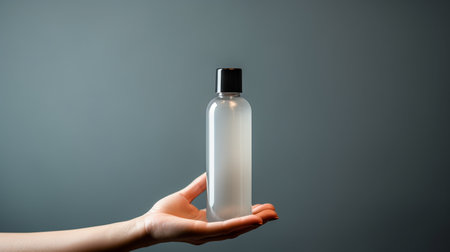 Female hand holding plastic bottle on gray background. Mockup for designの素材
