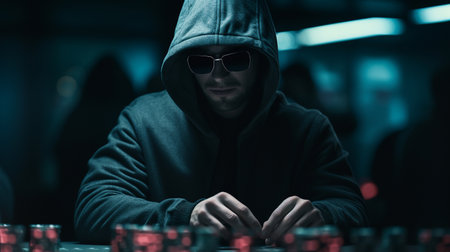 Hooded man playing poker in a dark room at night.の素材