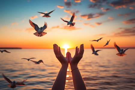 Woman hands and flying seagulls at sunset. freedom conceptの素材