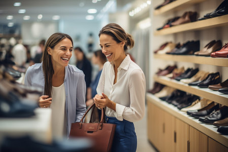 Two beautiful young women shopping in a shoe store. Focus on both womenの素材