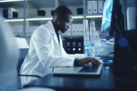 Serious african american scientist working on computer in laboratory. Young man in white coat and glasses sitting at desk and typing on keyboard. Science and technology conceptの素材