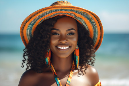 Beautiful african american woman in hat on the beach.の素材