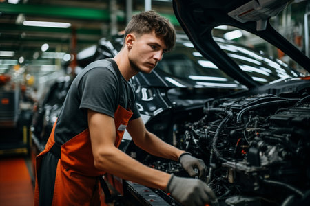 Car mechanic working in auto repair service. Handsome young Caucasian man in uniform working in auto repair shop.の素材