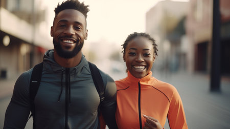 African american man and woman in sportswear smiling while jogging in cityの素材