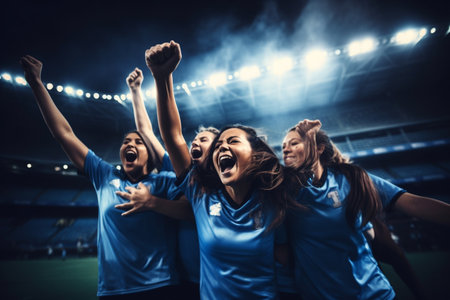 Excited female soccer fans cheering with arms raised while standing at stadiumの素材