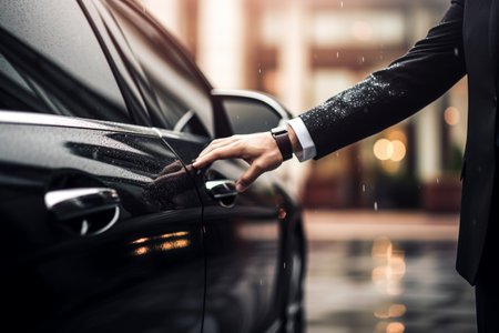 Close-up of the hand of a man in a business suit opening a car door.の素材