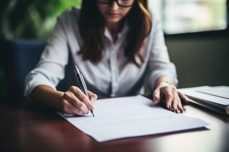 Close-up of a businesswoman signing a contract in the officeの素材