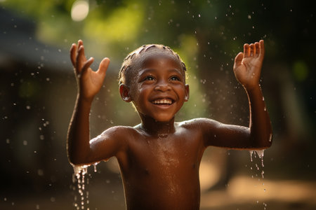 African little boy playing with water in the rainforest on a sunny dayの素材