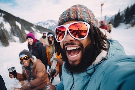Group of friends having fun while snowboarding in mountains. Selective focus.の素材