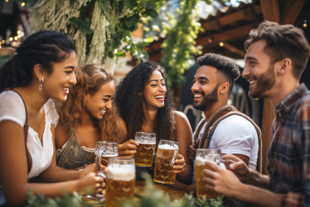 Group of friends drinking beer and having fun in pub. They are clinking glasses and smiling.の素材
