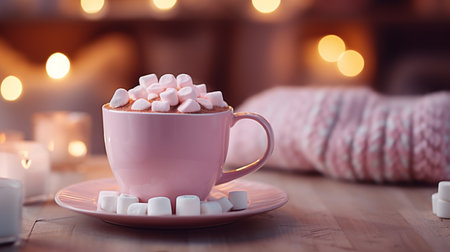 Cup of hot chocolate with marshmallows on wooden table in roomの素材