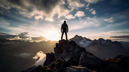 Man standing on top of a mountain and looking at the sunrise.の素材