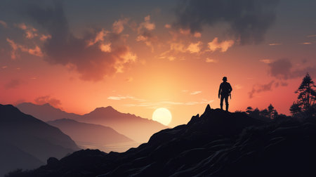 Man standing on top of a mountain and looking at the sunset.の素材