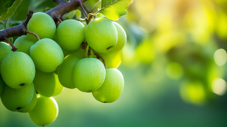 Green plums on a branch in the garden. Close-upの素材