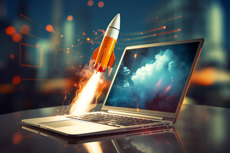 Laptop with rocket flying high in the sky. 3d renderingの素材