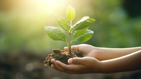 Child hands holding green plant with soil on nature background. ecology conceptの素材