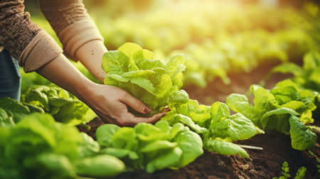Close-up of female farmer's hands holding lettuce in the fieldの素材