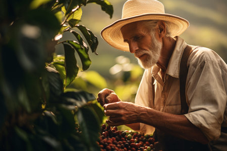 Portrait of a senior man harvesting coffee beans in a coffee plantationの素材