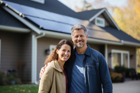 Portrait of happy mature couple standing in front of their new houseの素材