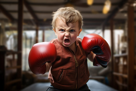 Angry little boy in boxing gloves. Portrait of angry child.の素材