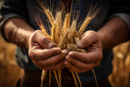 Farmer hands holding wheat ears on wheat field background, closeupの素材