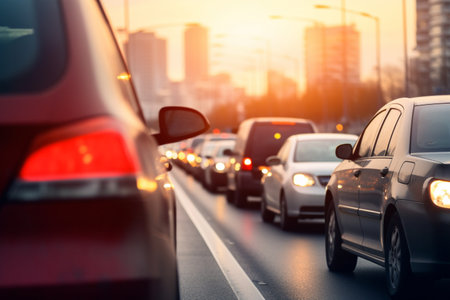 Traffic jam with cars on the road in rush hour. Shallow depth of fieldの素材