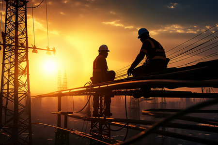 silhouette of engineer and worker working on construction site at sunsetの素材