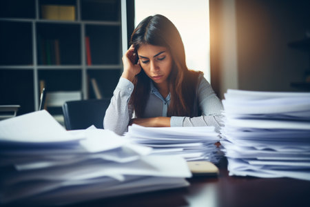 Tired businesswoman sitting at desk with piles of papers in officeの素材