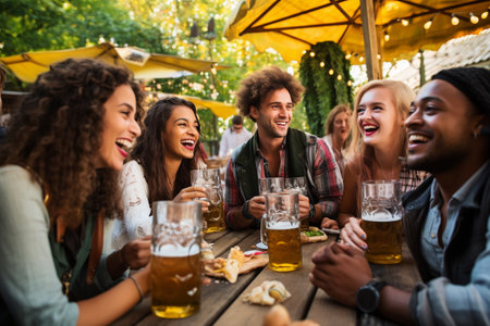 Group of friends drinking beer and having fun. They are sitting at the wooden table and smiling.の素材